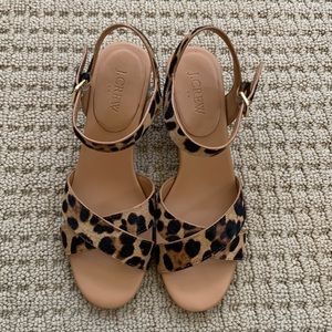 Jcrew Leopard calf hair low block-heel sandals, 7M, Rich Mahogany